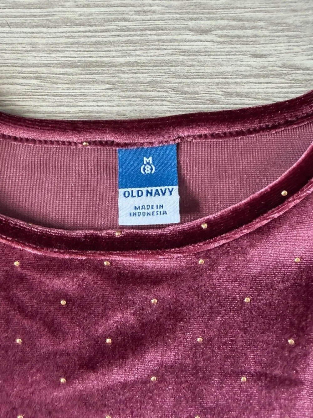 Old Navy Girls Velvet Long Sleeve Top Burgundy Gold Polka Dot Size 8 Holiday